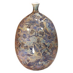 Japanese Contemporary Blue Gold Porcelain Vase by Master Artist, 2