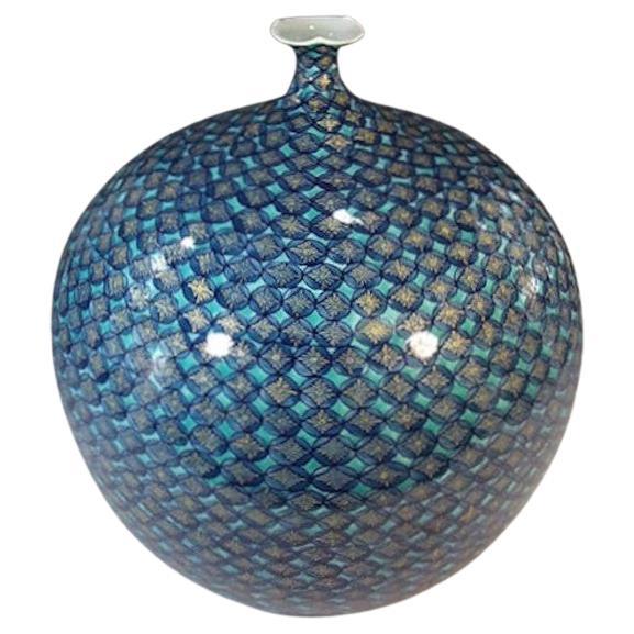 Japanese Contemporary Blue Gold Porcelain Vase by Master Artist, 3 For Sale