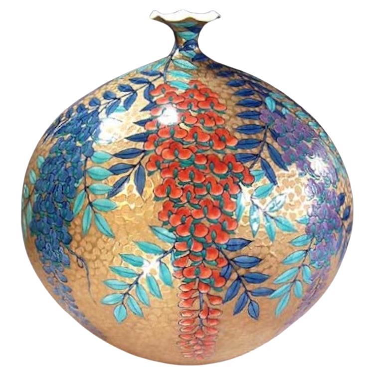 Meiji Japanese Contemporary Blue Gold Red Purple Porcelain Vase by Master Artist, 2 For Sale