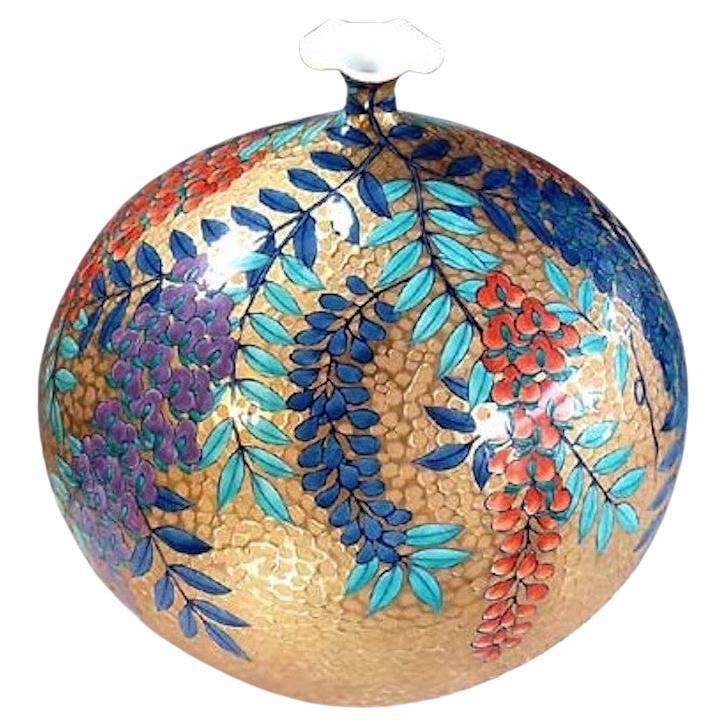 Gilt Japanese Contemporary Blue Gold Red Purple Porcelain Vase by Master Artist, 2 For Sale