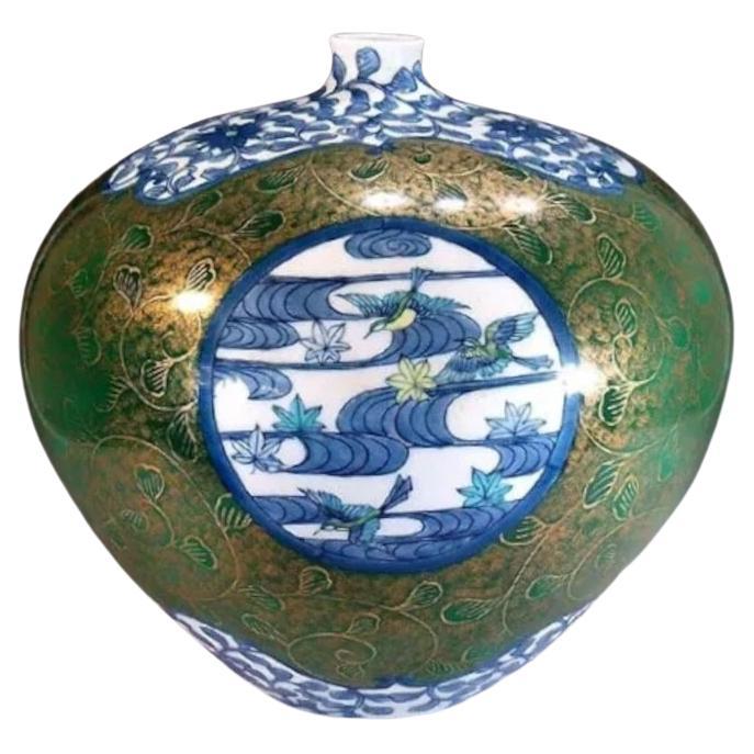 Zeitgenössische japanische blau-grün-goldene Porzellanvase von Meisterkünstler, 2