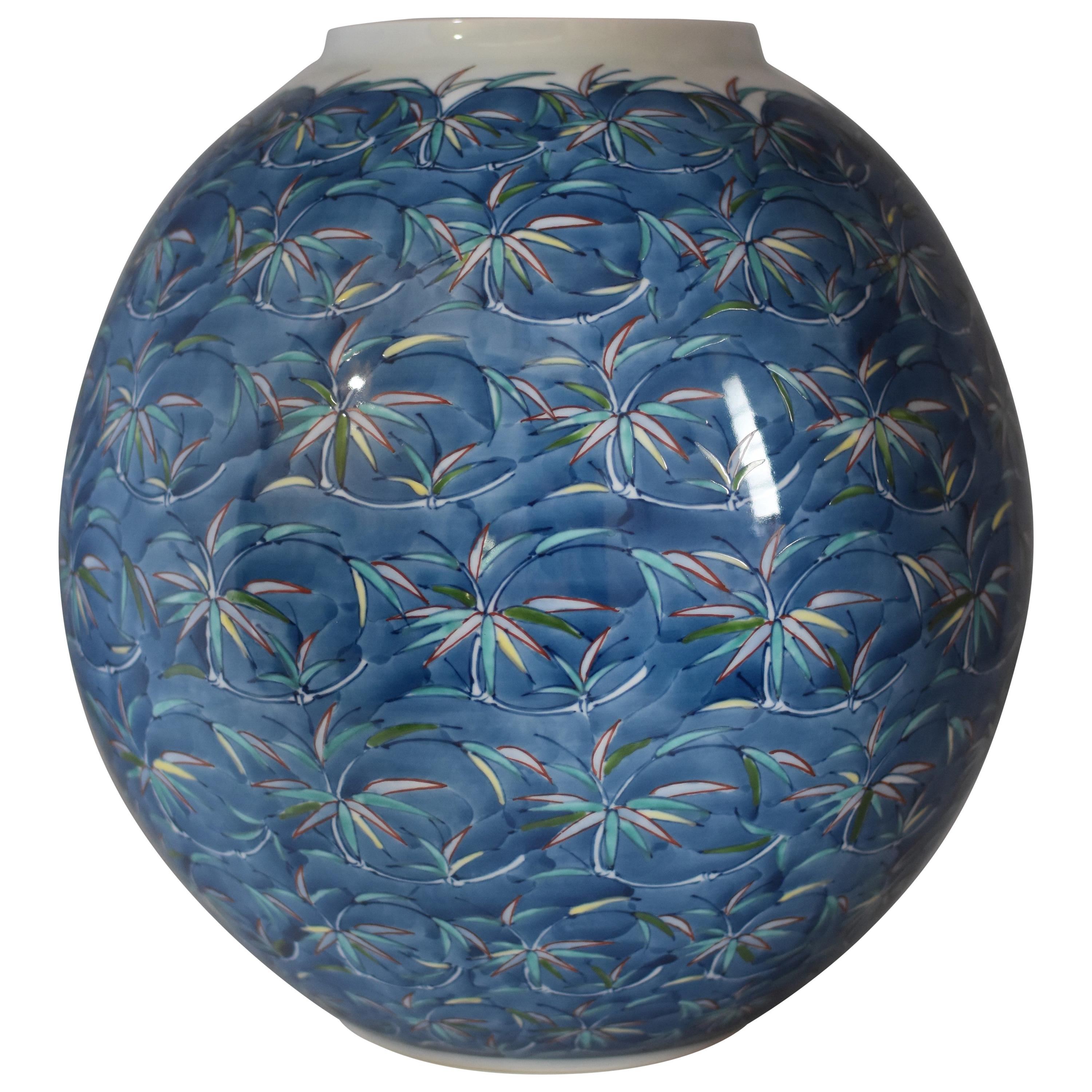 Japanese Contemporary Blue Green Imari Ceramic Vase by Master Artist