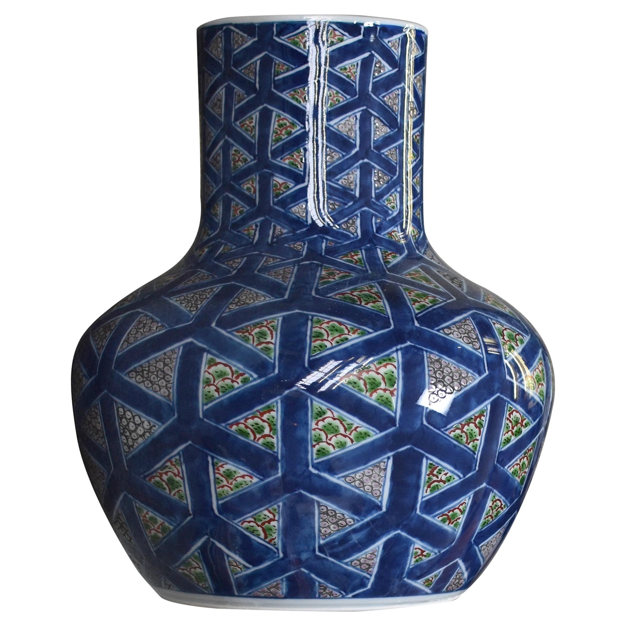 Vase japonais contemporain en porcelaine bleu et vert par un maître artiste, 3 pièces
