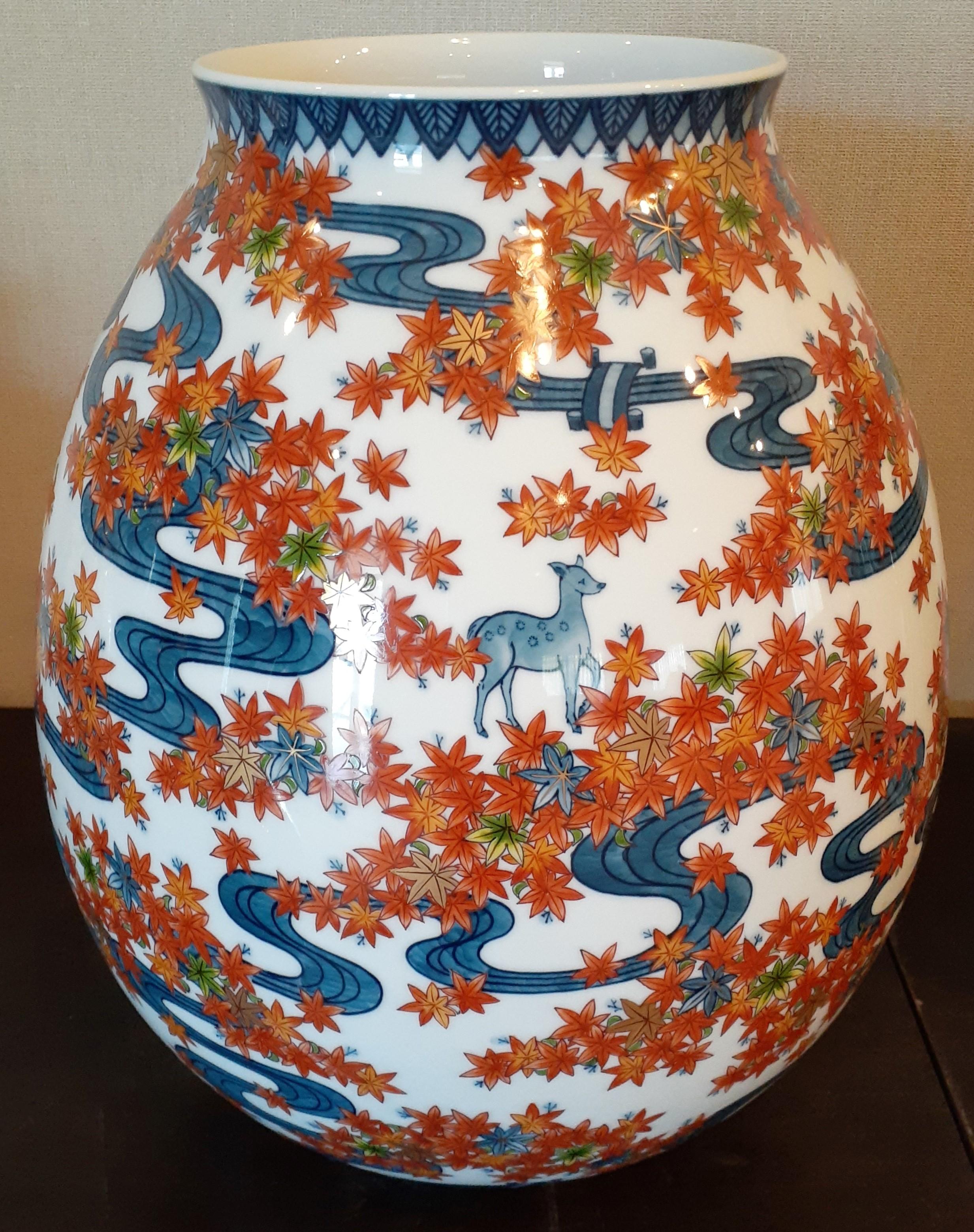 Japanese Contemporary Blue Green Orange Gold Porcelain Vase by Master Artist For Sale 1