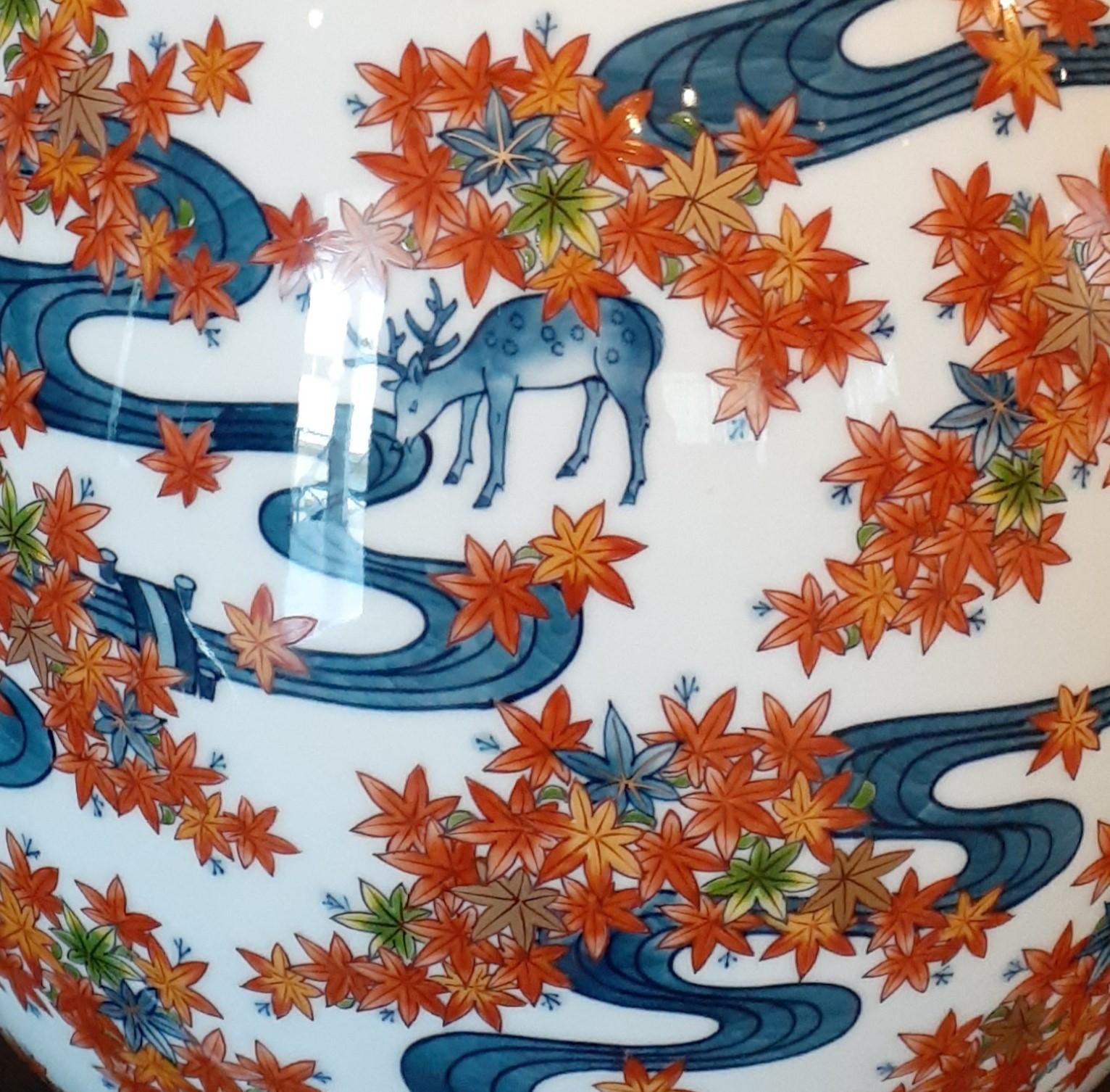 Japanese Contemporary Blue Green Orange Gold Porcelain Vase by Master Artist For Sale 2