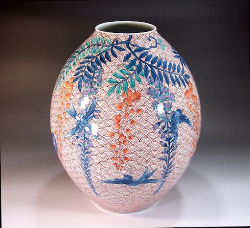Hand-Painted Japanese Contemporary Blue Green Orange Porcelain Vase by Master Artist For Sale