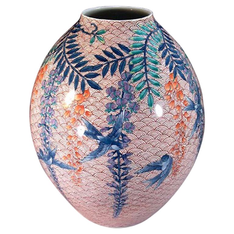 Japanese Contemporary Blue Green Orange Porcelain Vase by Master Artist For Sale