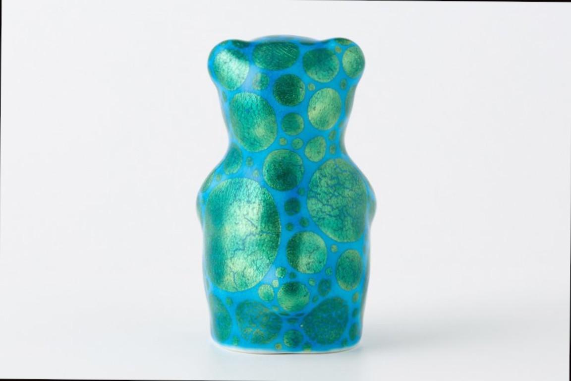 Exquisite Japanese contemporary porcelain bear sculpture, intricately hand-painted in blue and green in an auspicious traditional Japanese 