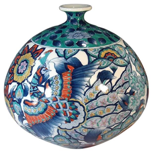 Meiji Japanese Contemporary Blue Green Red Porcelain Vase by Master Artist, 3 For Sale