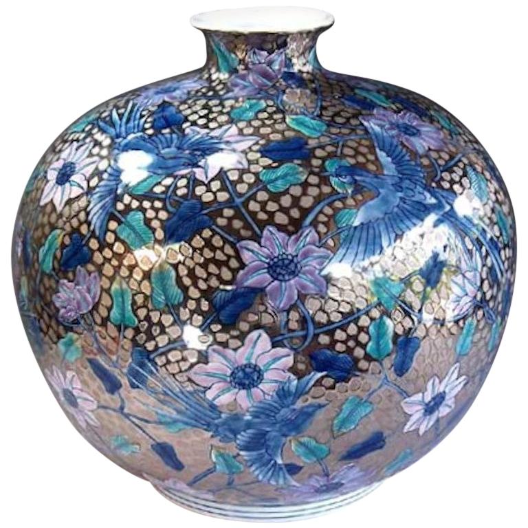 Japanese Contemporary Blue Pink Platinum Porcelain Vase by Master Artist