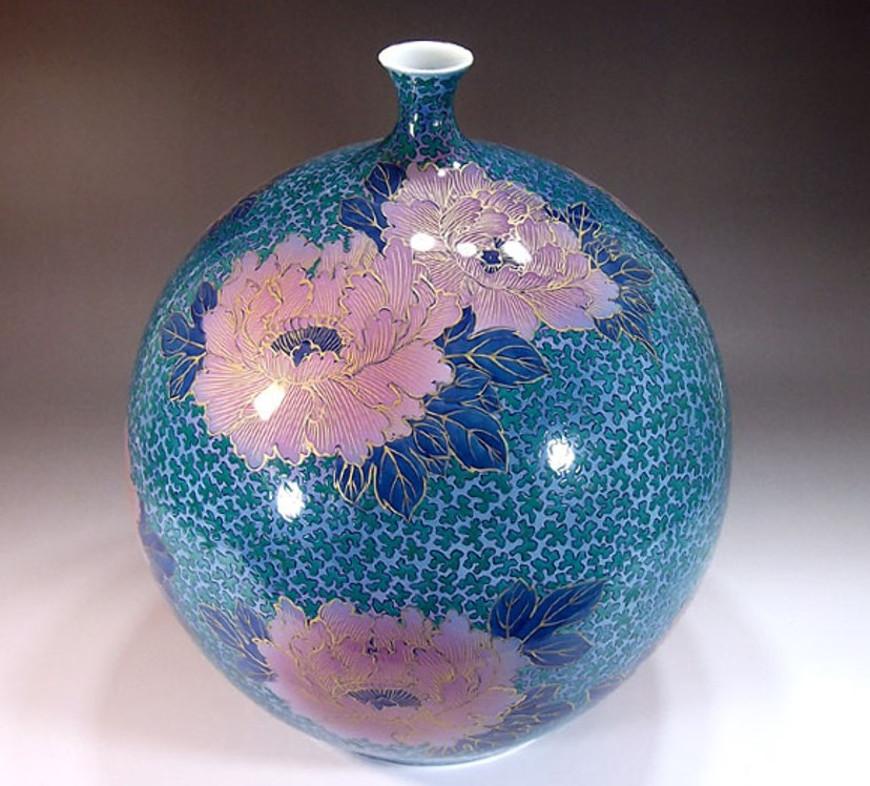 Japanese Contemporary Blue Pink Gilded Porcelain Vase by Master Artist 1