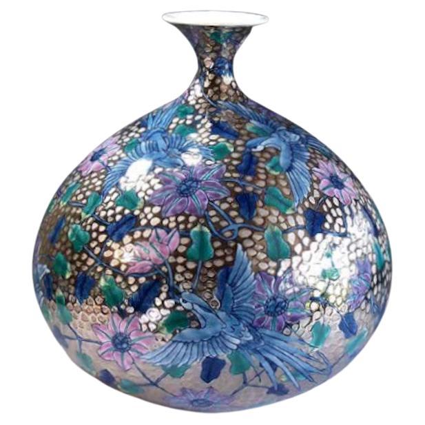 Meiji Japanese Contemporary Blue Pink Platinum Porcelain Vase by Master Artist, 2 For Sale
