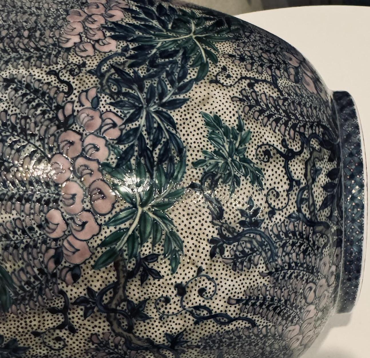 Meiji Japanese Contemporary Blue Pink Porcelain Vase by Master Artist, 2 For Sale