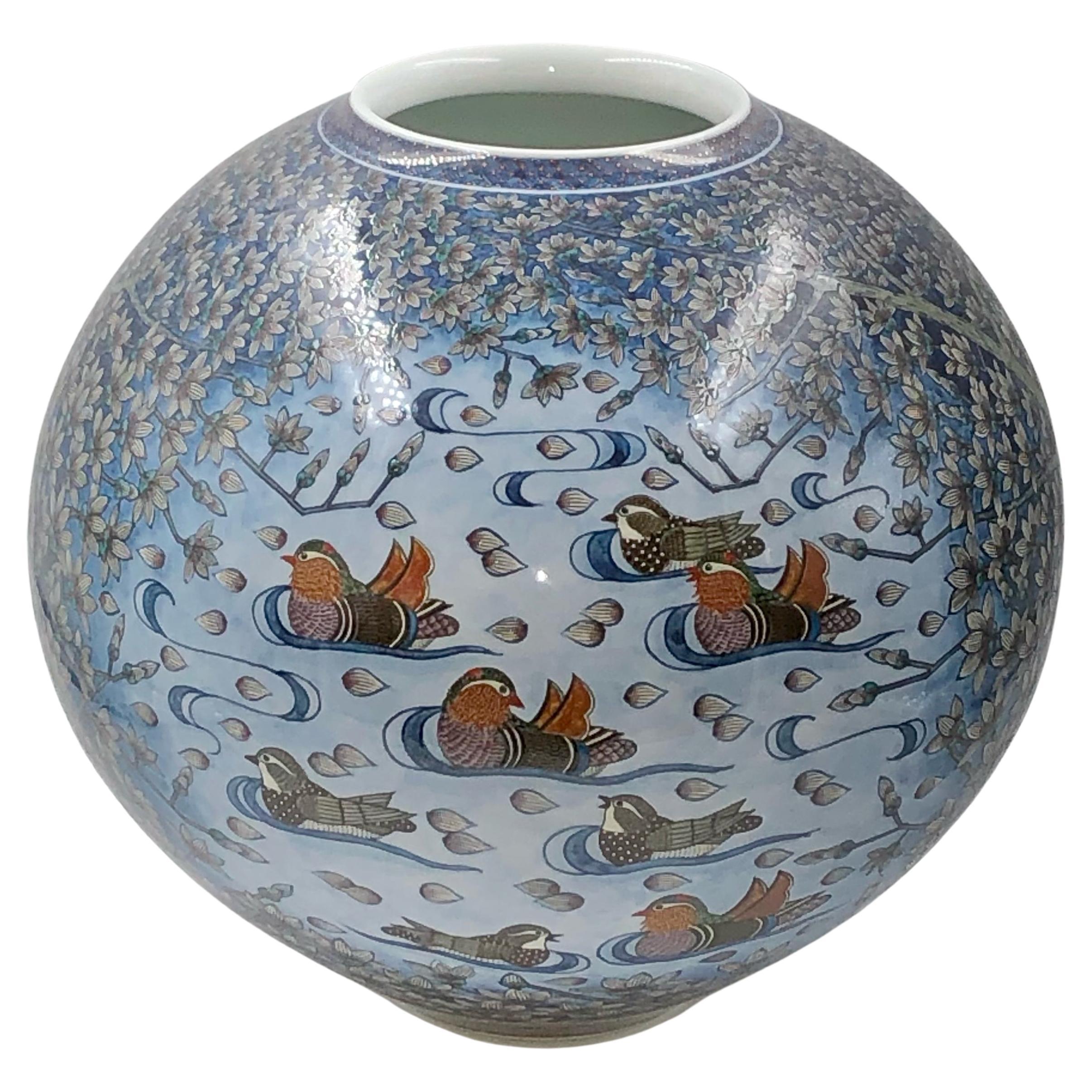 Japanese Contemporary Blue Orange Porcelain Vase by Master Artist For Sale 1