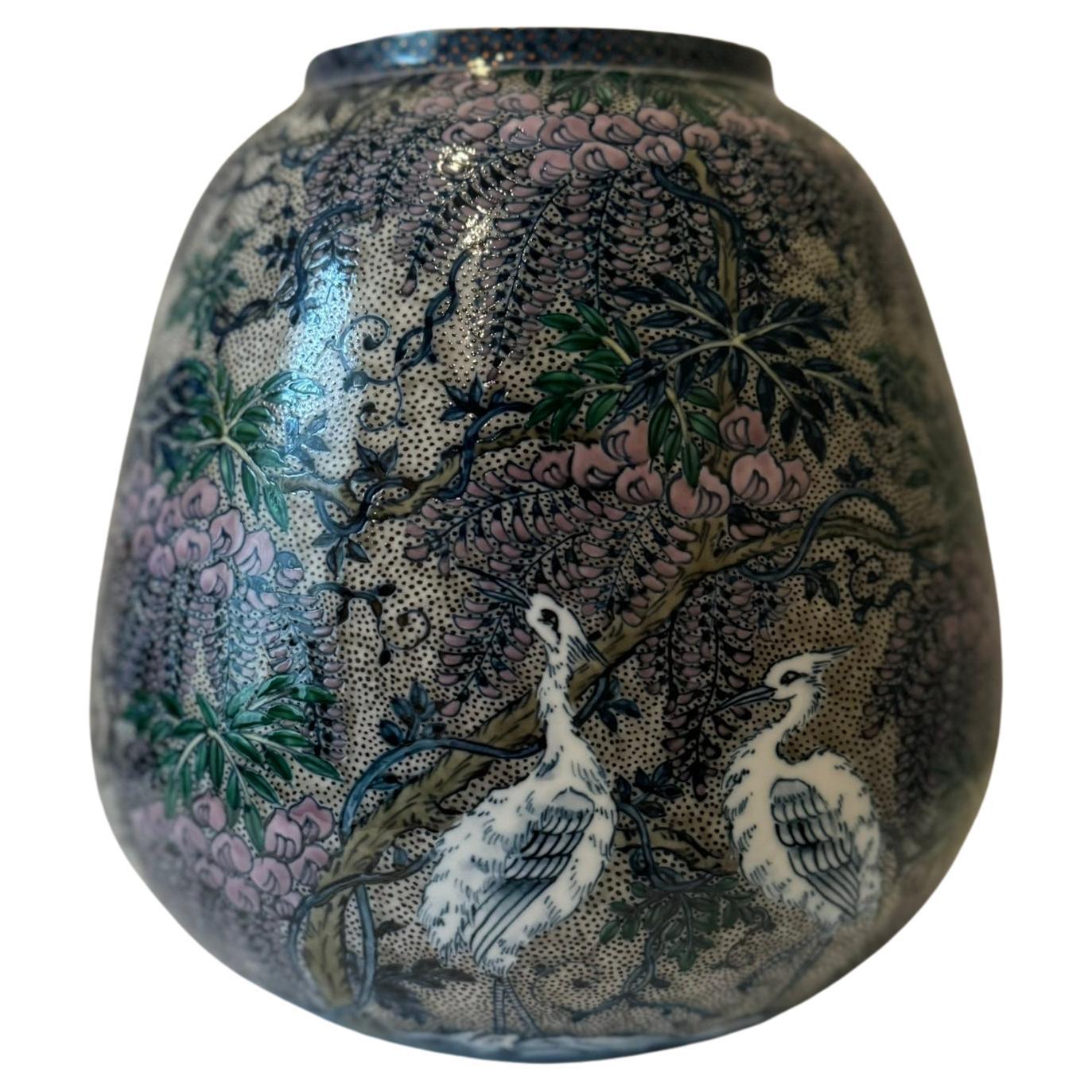 Japanese Contemporary Blue Pink Porcelain Vase by Master Artist, 2