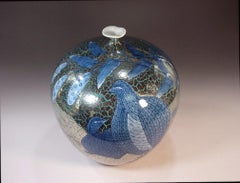 Vase contemporain japonais en porcelaine bleu platine vert par un maître artiste, 3