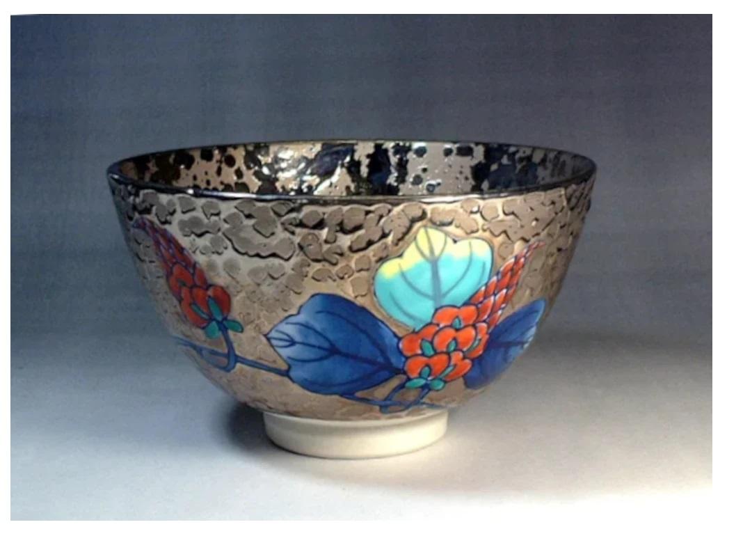 Gold Japanese Contemporary Blue Platinum Pink Porcelain Matcha Tea Bowl by Master, 3 For Sale