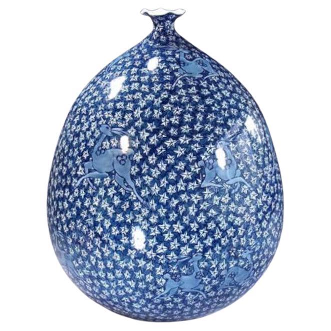 Japanese Contemporary Blue Porcelain Vase by Master Artist, 2 For Sale