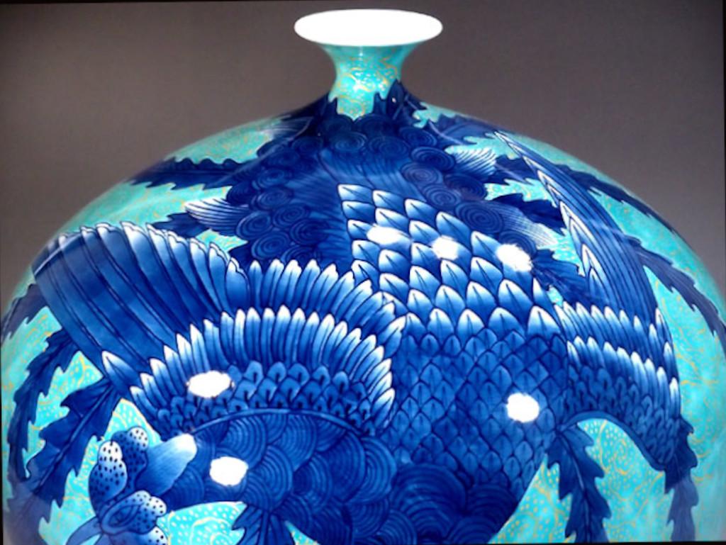Gilt Japanese Contemporary Platinum Blue Porcelain Vase by Master Artist For Sale