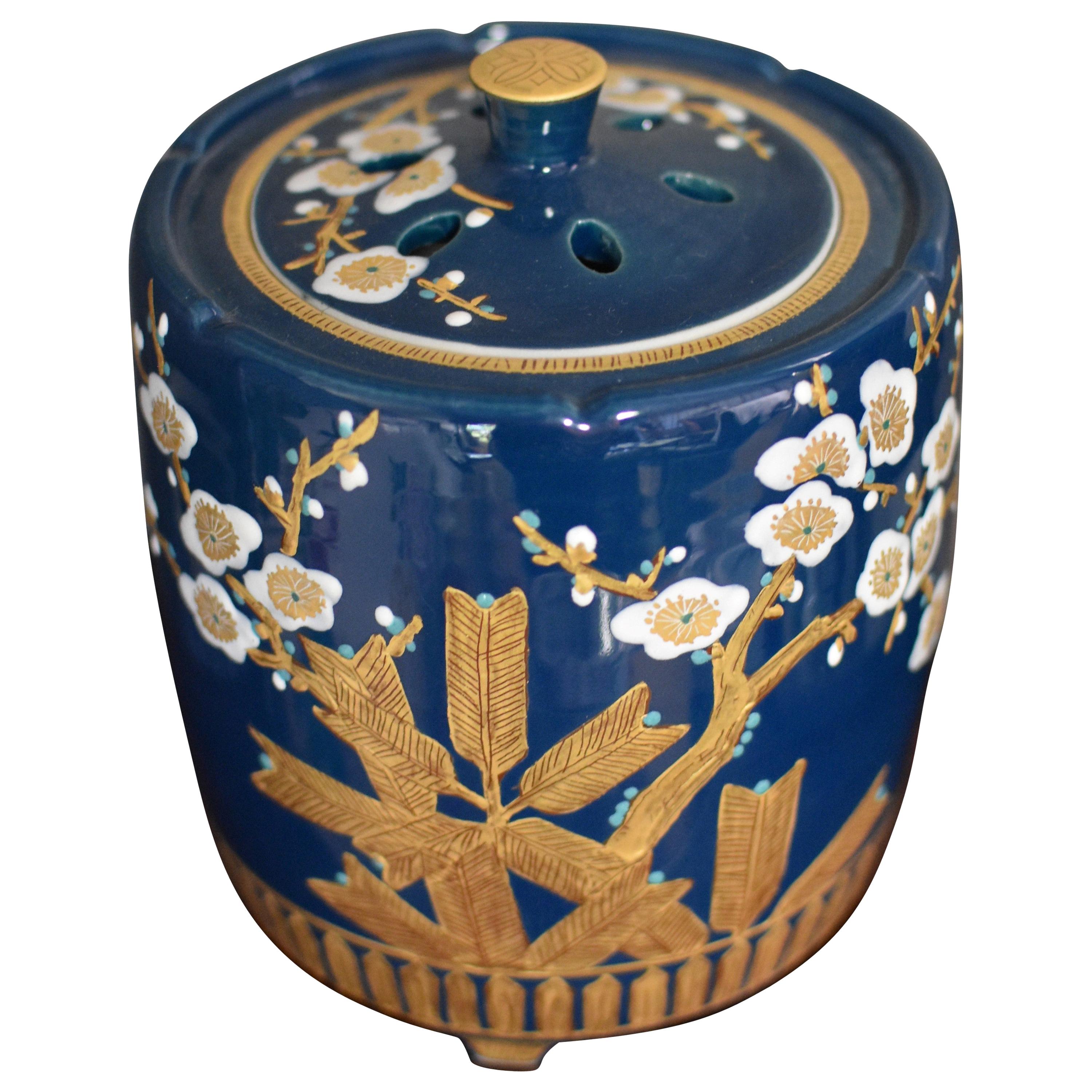 Japanese Contemporary Blue Gold Porcelain Incense Burner Jar by Master Artist, 2