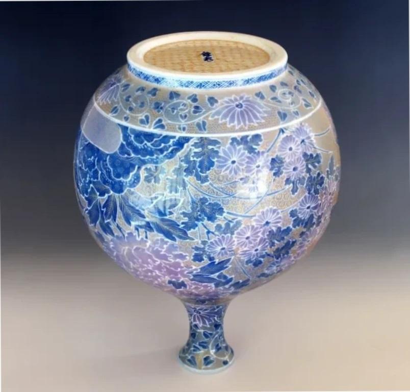 Meiji Japanese Contemporary Blue Purple Gold Porcelain Vase by Master Artist, 2 For Sale