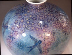 Japanese Contemporary Blue Purple Gold Porcelain Vase by Master Artist
