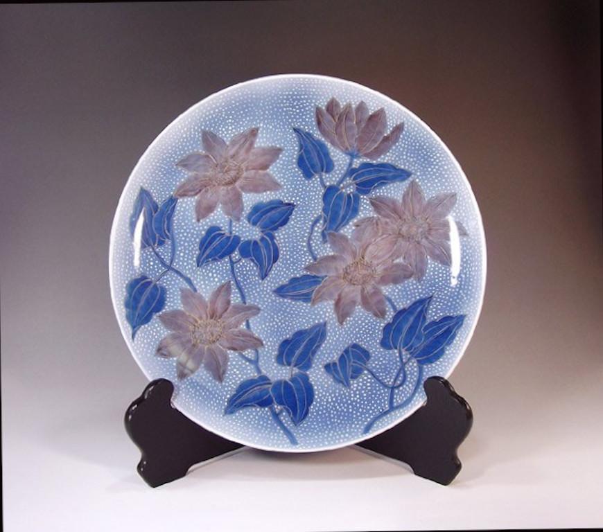 Hand-Painted Japanese Contemporary Blue Purple Porcelain Charger by Master Artist For Sale