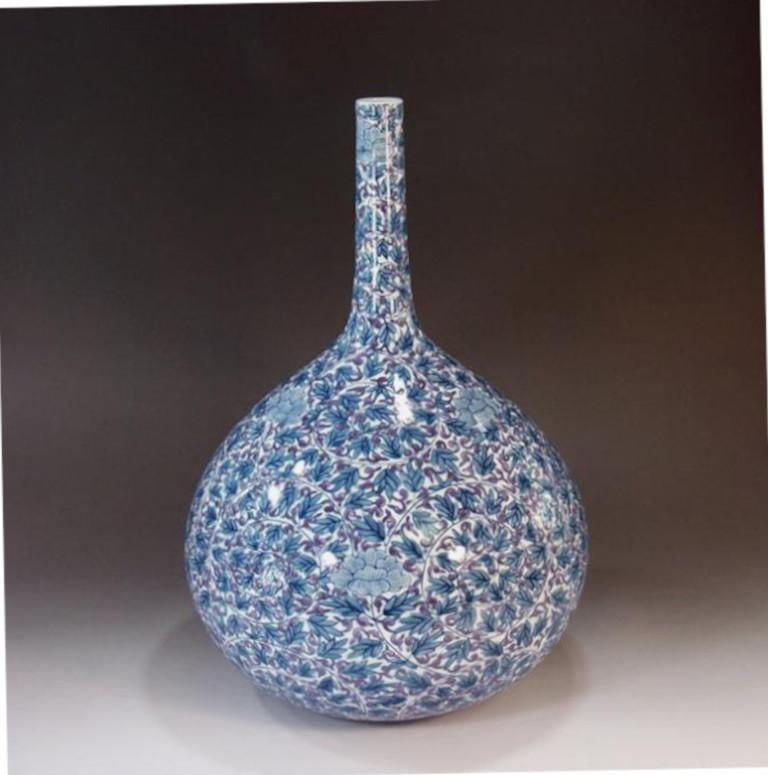 Meiji Japanese Contemporary Blue Purple White Porcelain Vase by Master Artist, 2 For Sale