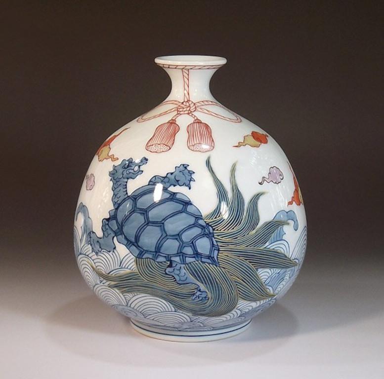 Gilt Japanese Contemporary Blue Red Green Gold Porcelain Vase by Master Artist, 4 For Sale