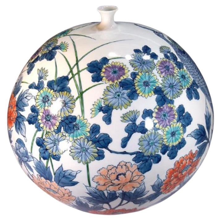 Meiji Japanese Contemporary Blue Red Green Porcelain Vase by Master Artist, 2 For Sale