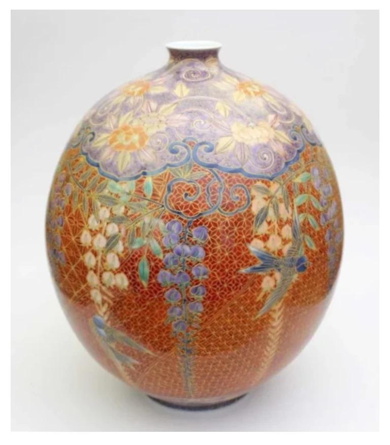 Jarrón Contemporáneo Japonés de Porcelana Azul Rojo Verde del Maestro Artista, 5 Meiji en venta