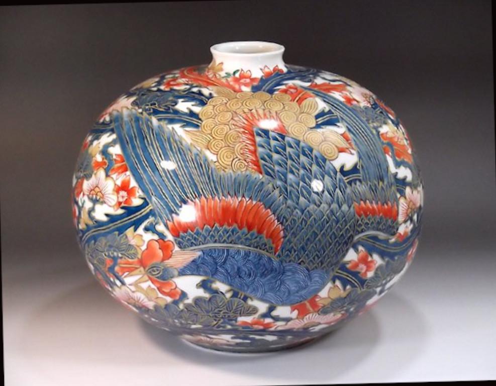Meiji Japanese Contemporary Blue Red Pink Gold Porcelain Vase by Master Artist, 2 For Sale