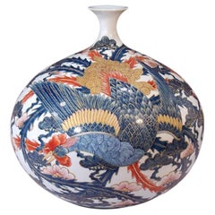 Japanese Contemporary Blue Red Pink Gold Porcelain Vase by Master Artist, 2