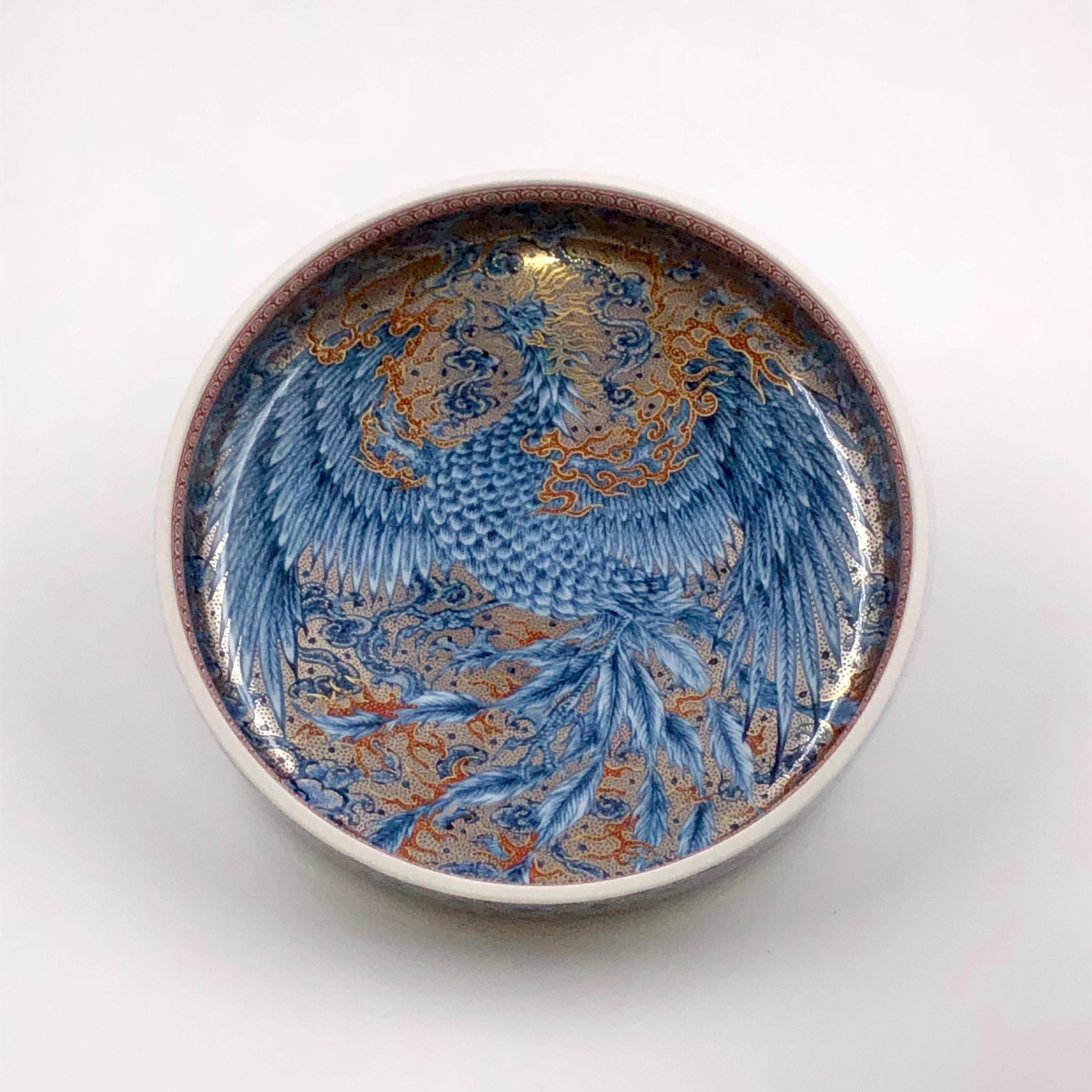 Meiji Japanese Contemporary Blue Red Platinum Porcelain Box by Master Artist Duo For Sale