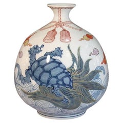 Vaso giapponese contemporaneo in porcellana blu-rossa di un maestro artista, 2