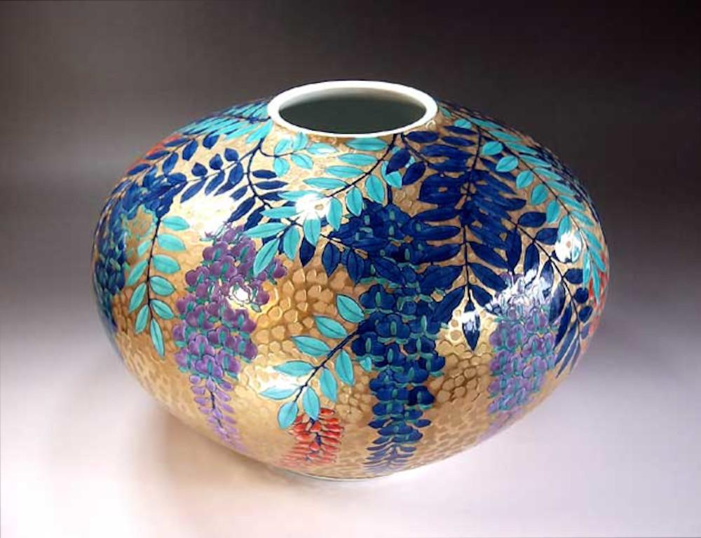 Meiji Japanese Contemporary Blue Red Purple Gold Porcelain Vase by Master Artist, 2 For Sale