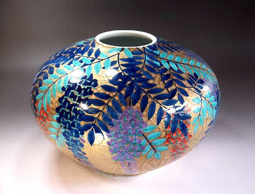 Gilt Japanese Contemporary Blue Red Purple Gold Porcelain Vase by Master Artist, 2 For Sale