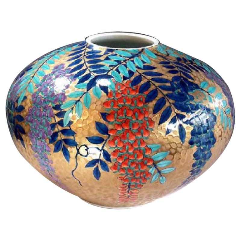 Japanese Contemporary Blue Red Purple Gold Porcelain Vase by Master Artist, 2 For Sale