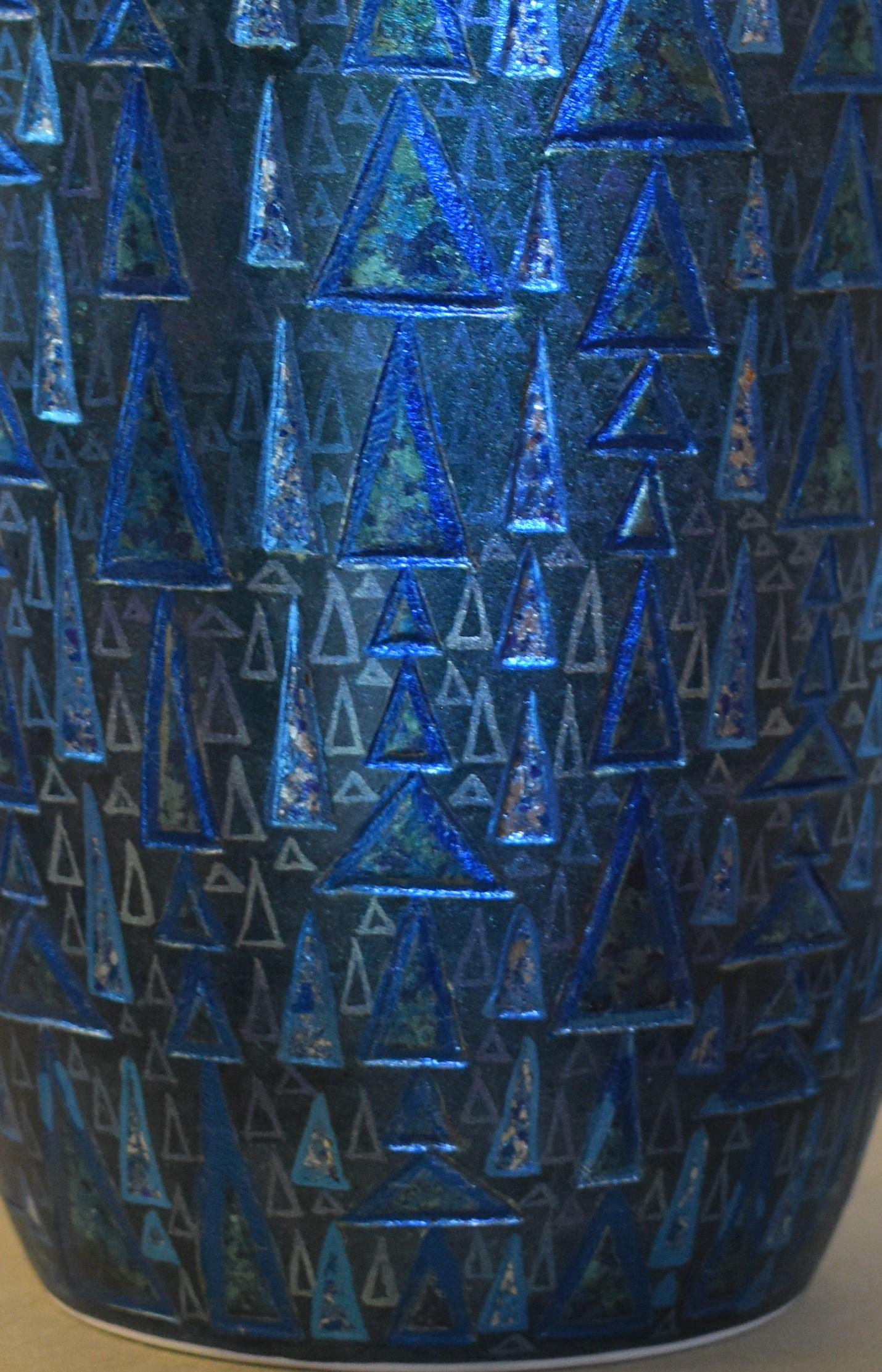 Meiji Japanese Contemporary Blue Silver Etched Porcelain Vase by Master Artist, 2 For Sale