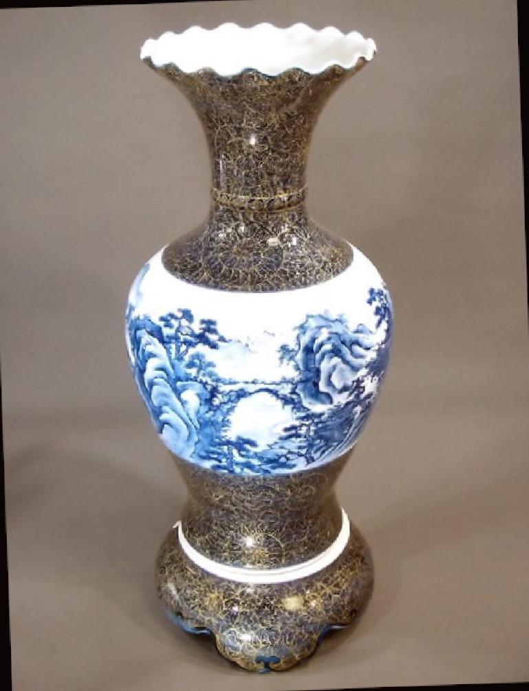 Meiji Japanese Contemporary Blue White Gold Porcelain Vase by Master Artist, 3 For Sale