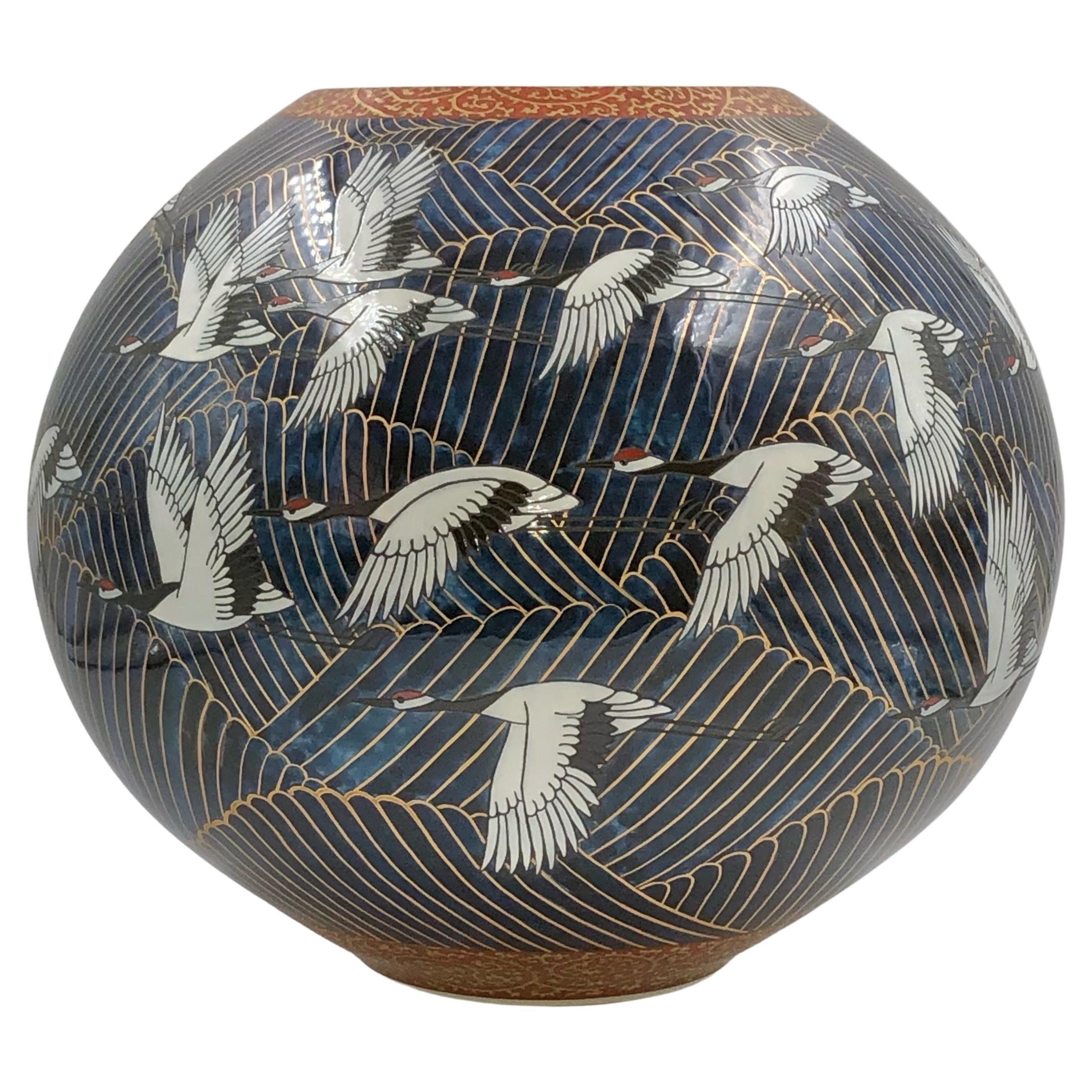 Meiji Japanese Contemporary Blue White Gold Porcelain Vase by Master Artist, 3 For Sale