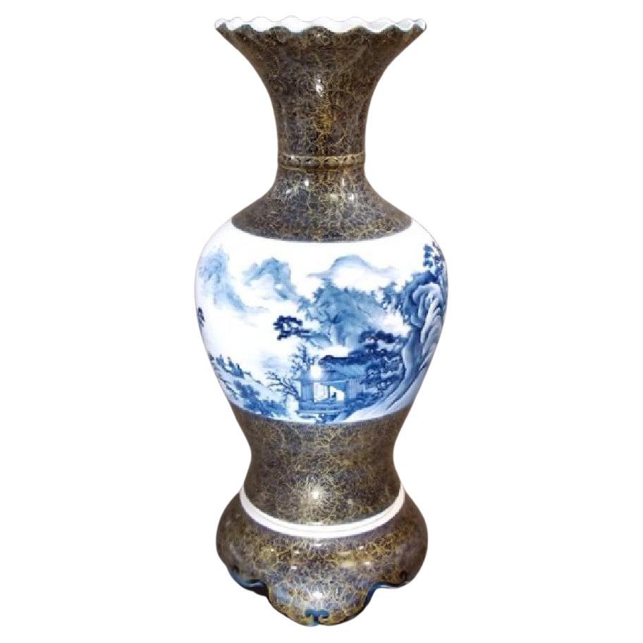 Japanese Contemporary Blue White Gold Porcelain Vase by Master Artist, 3