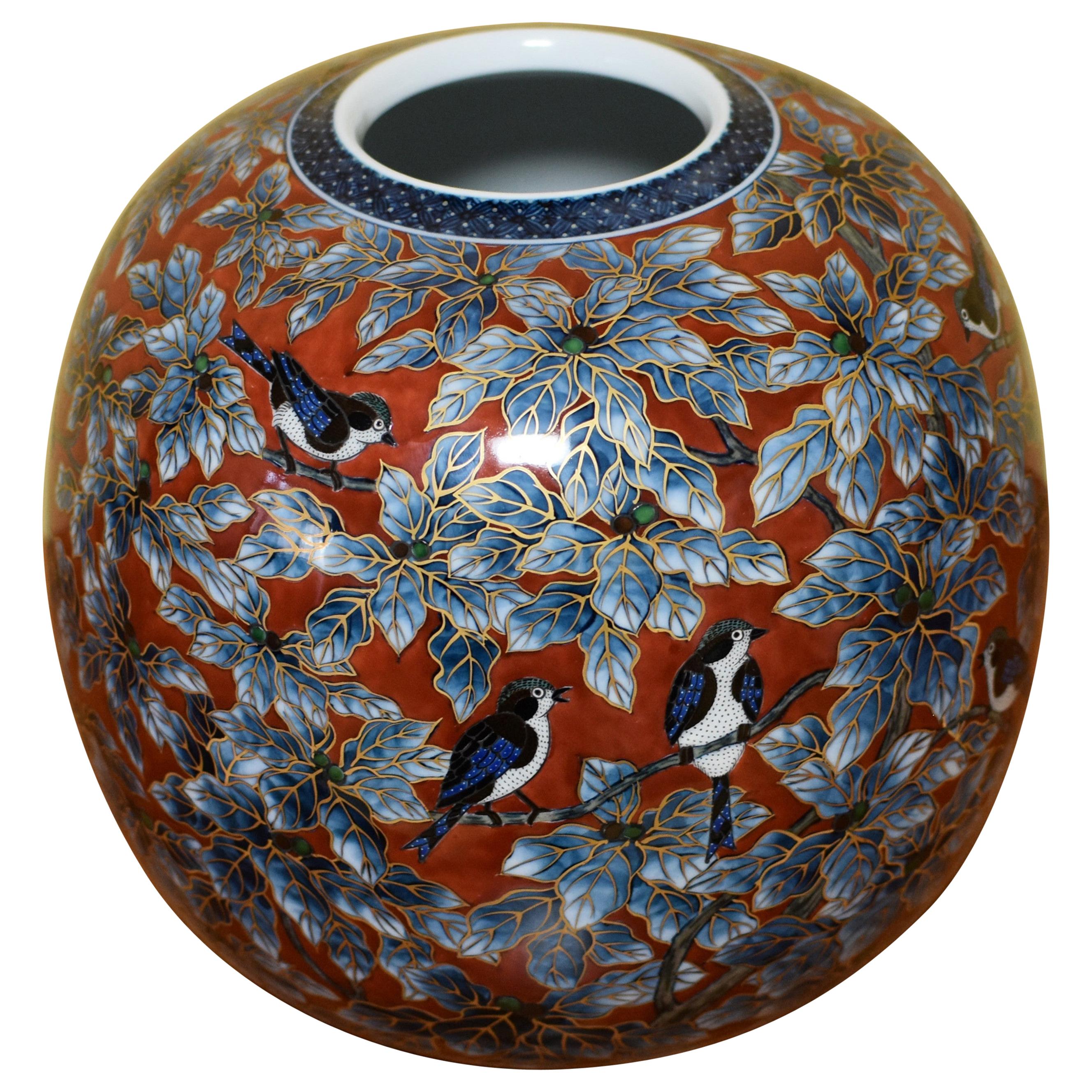 Japanese Contemporary Blue White Gold Red Porcelain Vase by Master Artist