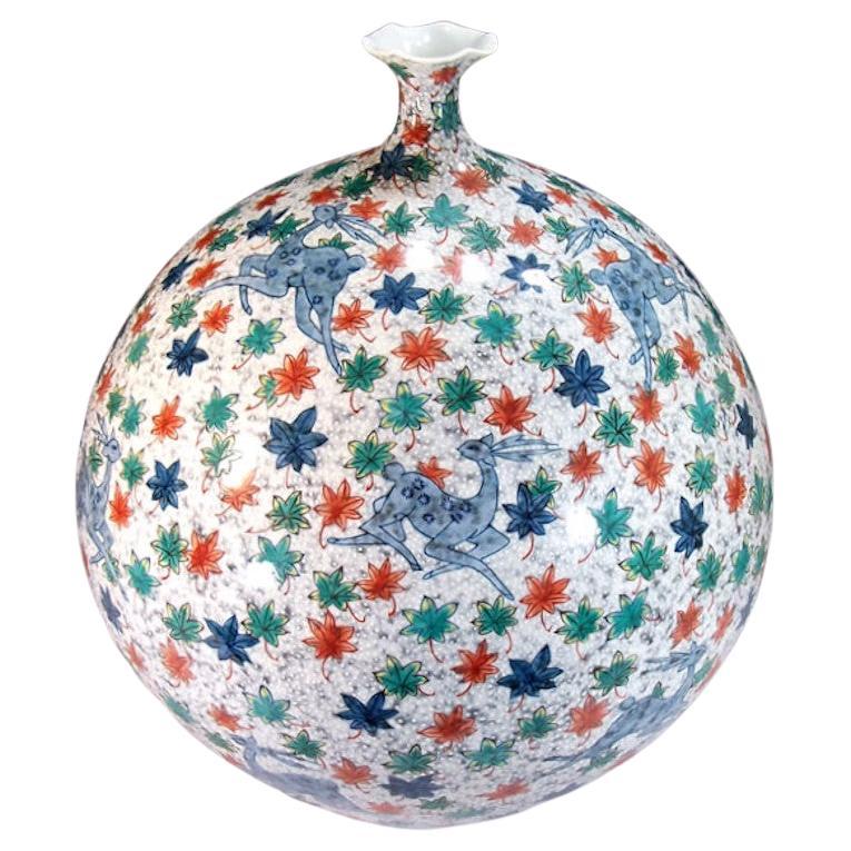 Meiji Japanese Contemporary Blue White Green Porcelain Vase by Master Artist, 3 For Sale