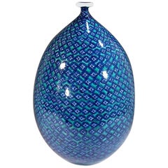 Japanese Contemporary Blue White Green Porcelain Vase by Master Artist