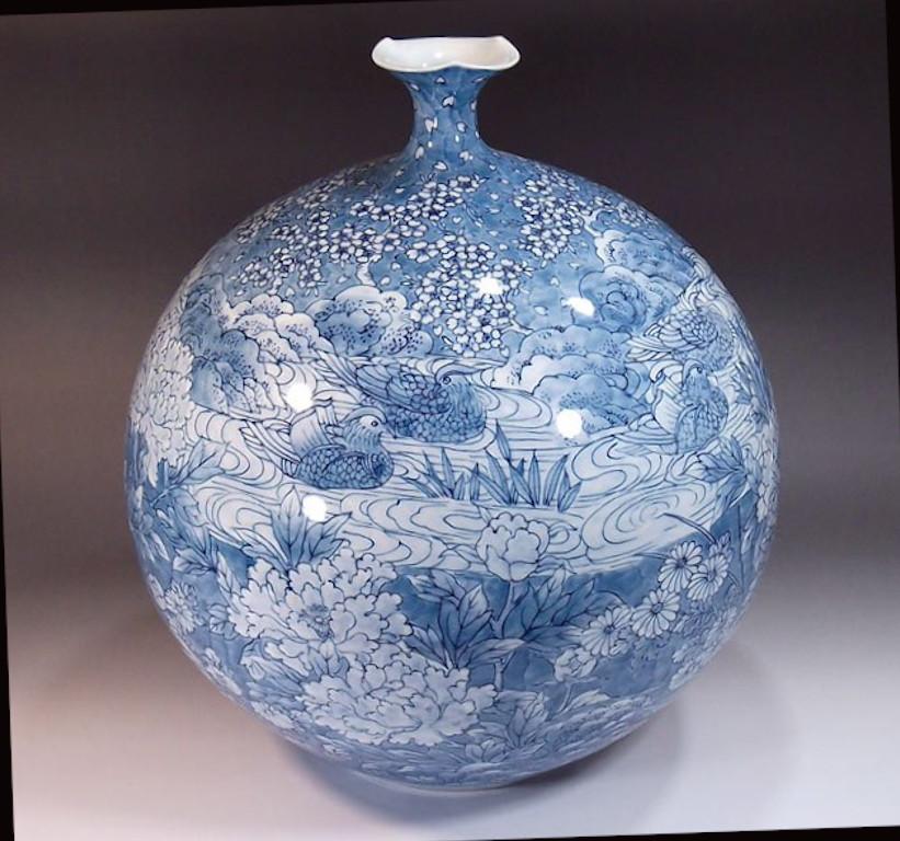 Hand-Painted Japanese Contemporary Blue White Porcelain Vase by Master Artist, 2 For Sale