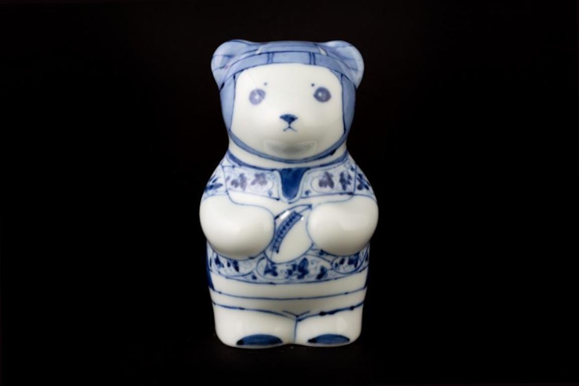 Hand-Painted Japanese Contemporary Blue White Porcelain Bear Sculpture, 2 For Sale