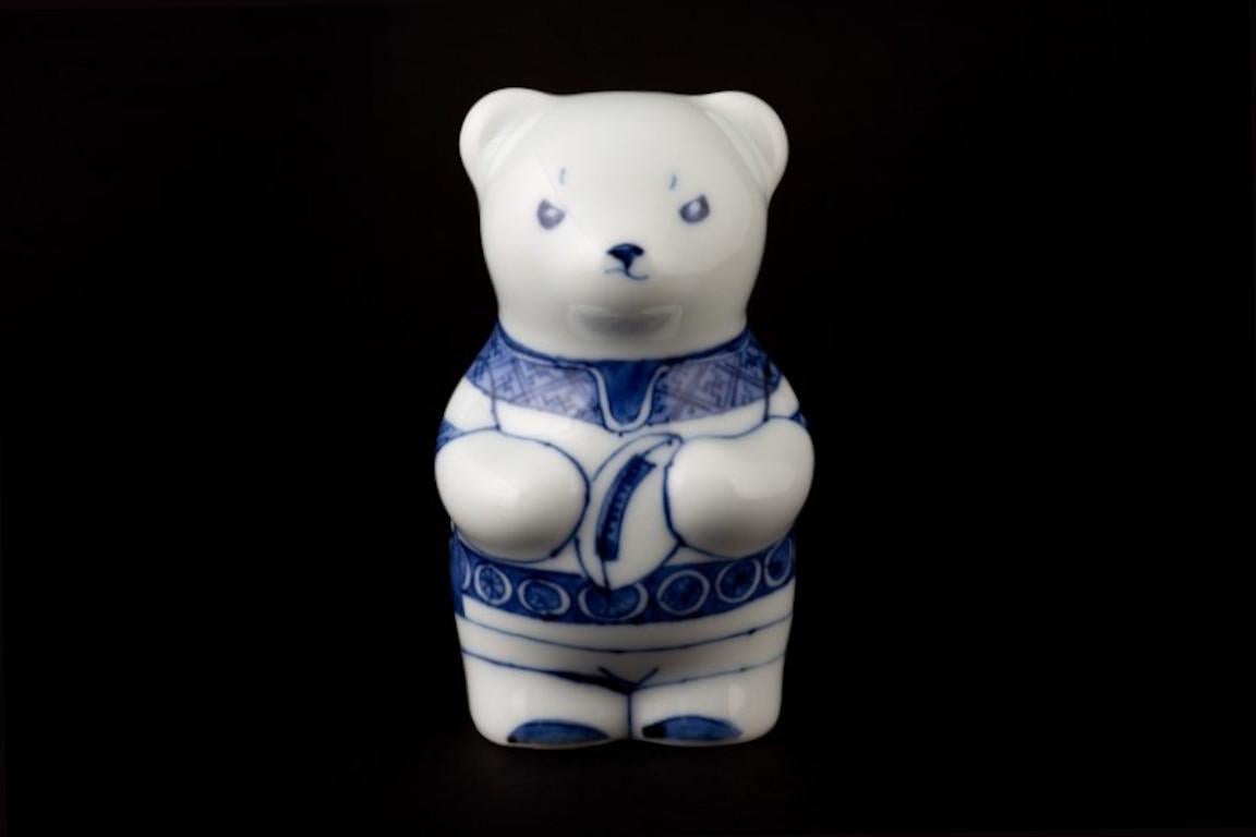 Hand-Painted Japanese Contemporary Blue White Porcelain Bear Sculpture, 3 For Sale