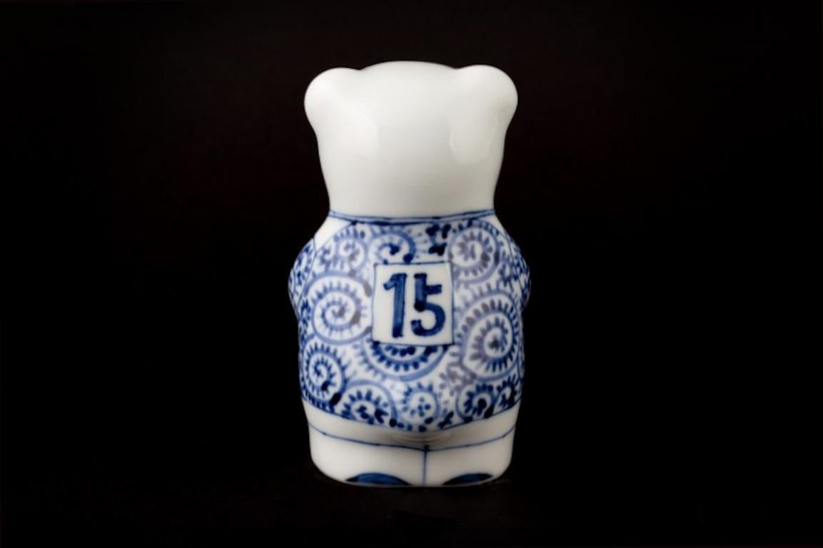 Japanese contemporary porcelain Rugby bear, hand-painted in blue and white in an auspicious traditional Japanese pattern by Japanese artist from the historic Imari-Arita region of Japan.

This rugby bear is from the limited edition series of seven