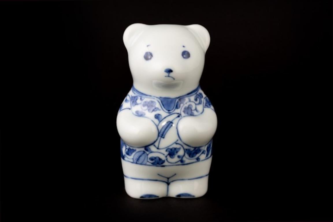 Japanese Contemporary Blue White Porcelain Bear Sculpture For Sale 1